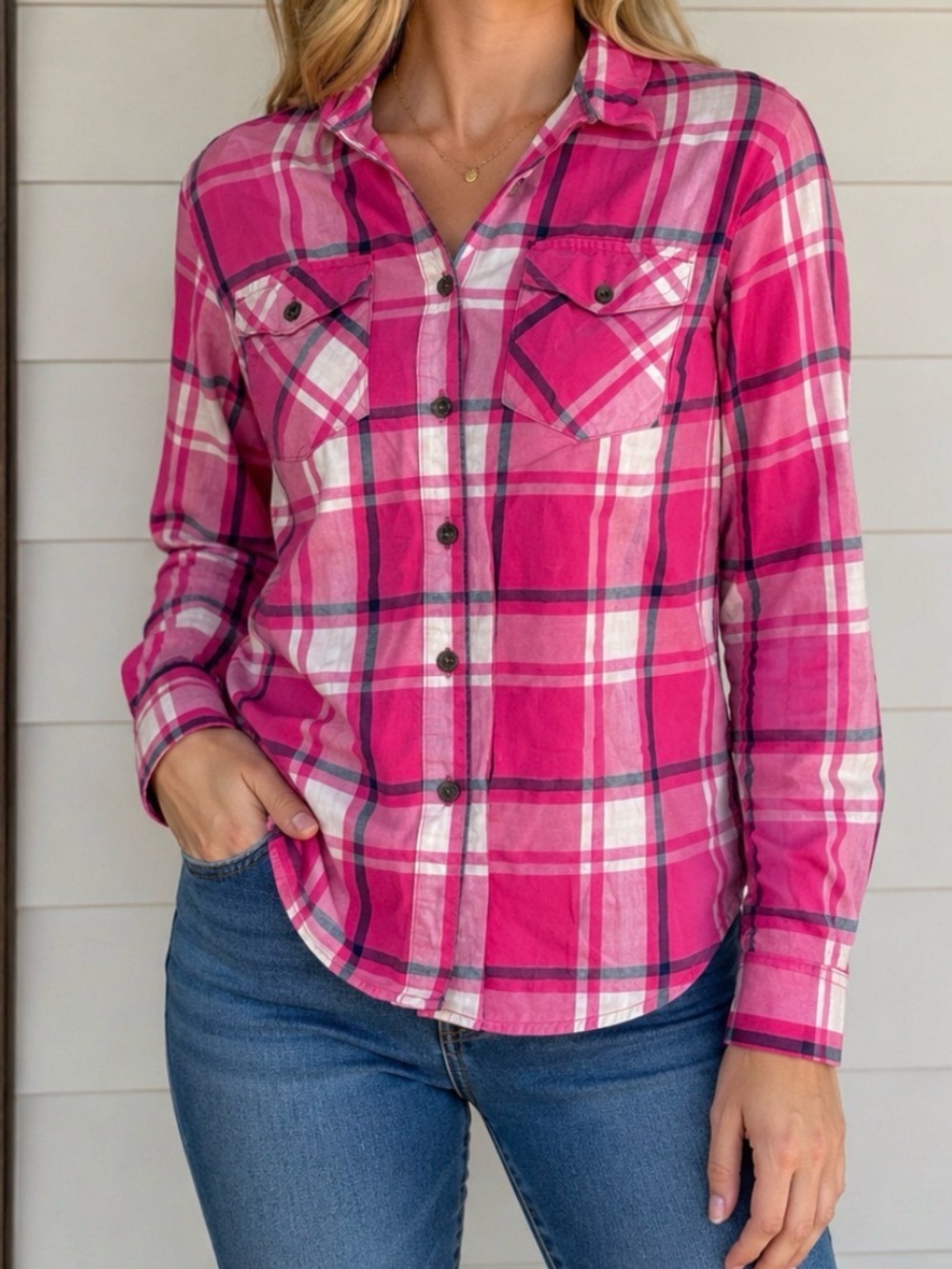 Magellan Outdoors Pink Plaid Button-Down Shirt